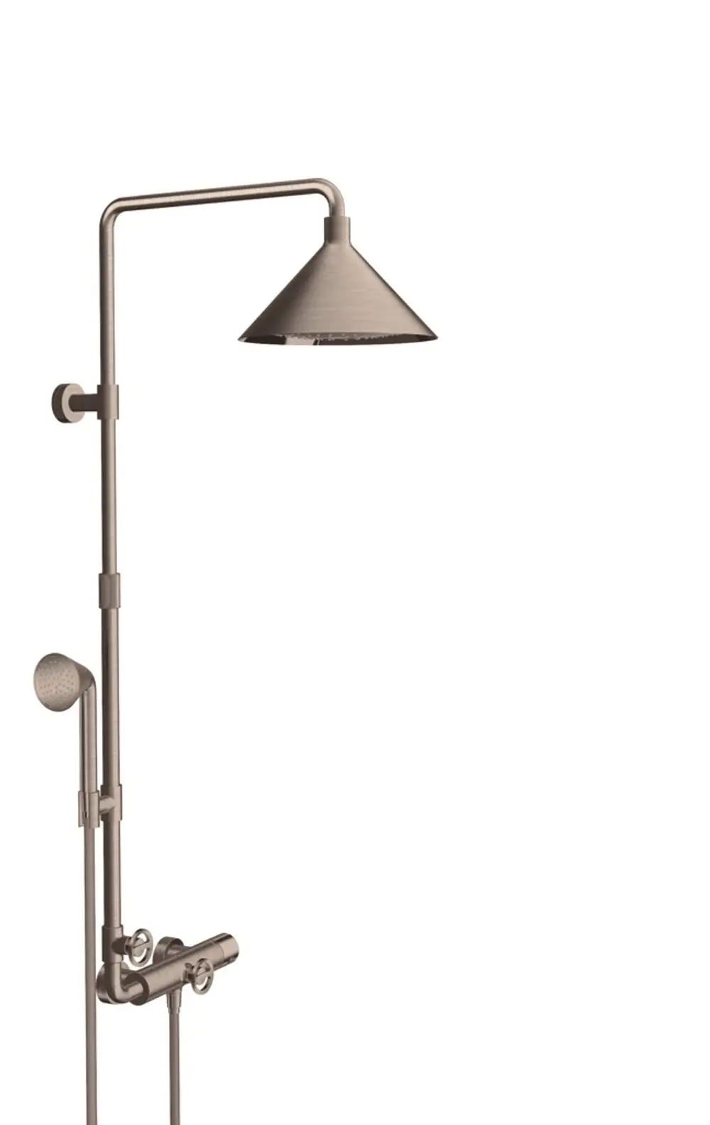 AXOR-Duschsystem mit Kopfbrause und Handbrause in gebürstetem Nickel. Die Thermostatsteuerung ist an der Wand montiert. Schlichtes, funktionales Design für das Badezimmer.